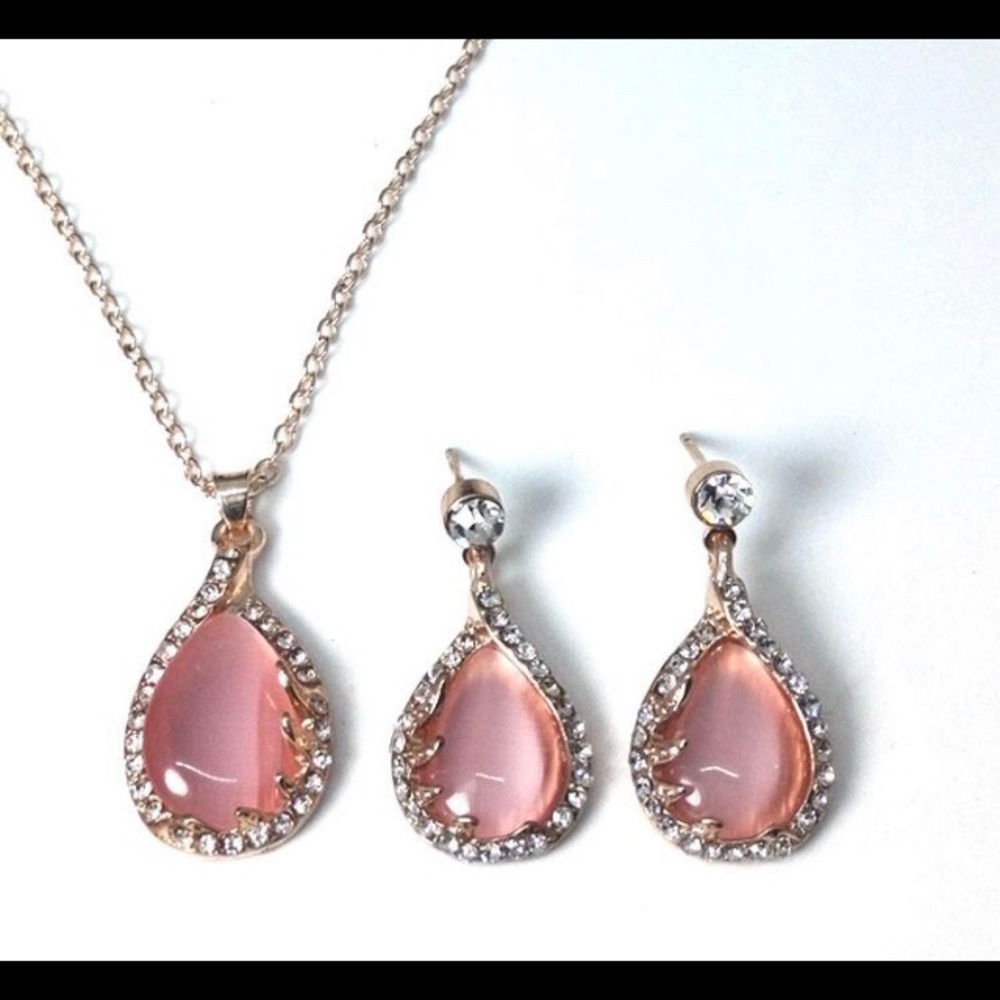 NEW Pink Opal Water Drop Necklace & Earring Set - Picture 2 of 8